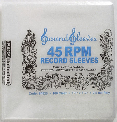 S4525 Poly 2.5Mil 45Rpm Record Sleeves-100 Count - Bags Unlimited S4525 - 7 Inch 45 RPM Clear Record Outer Sleeve - 7.5 X 7.25 inches - 2.5 Polyethylene - 100 Count (Clear)