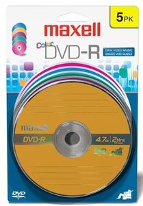 MAXELL 638033 DVD-R DVD RECORDABLE DISCS 5 PK CLRS